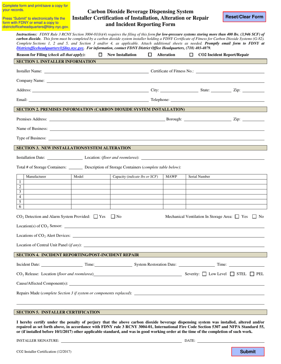 Carbon Dioxide Beverage Dispensing System Installer Certification of Installation, Alteration or Repair and Incident Reporting Form - New York City, Page 1