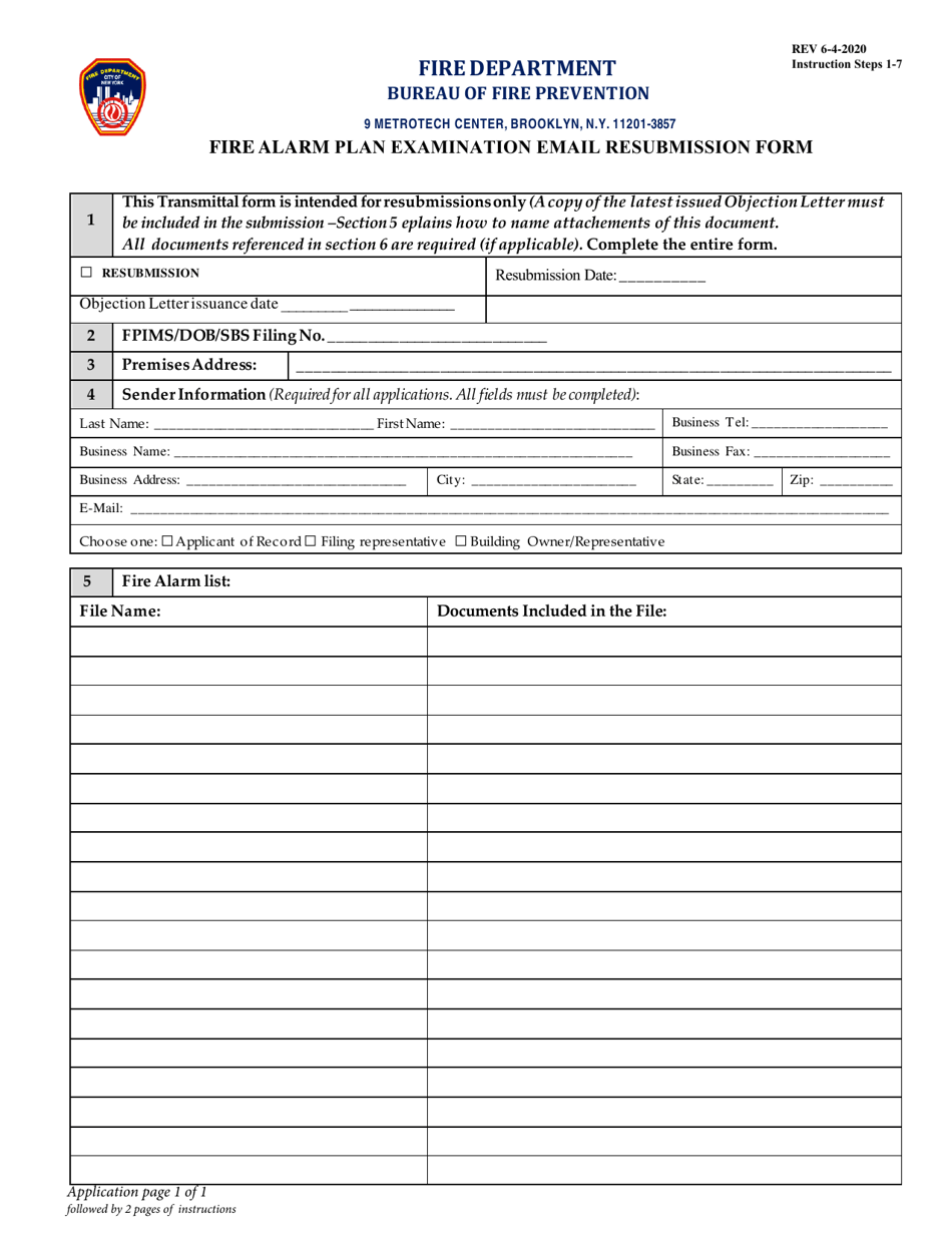 Fire Alarm Plan Examination Email Resubmission Form - New York City, Page 1