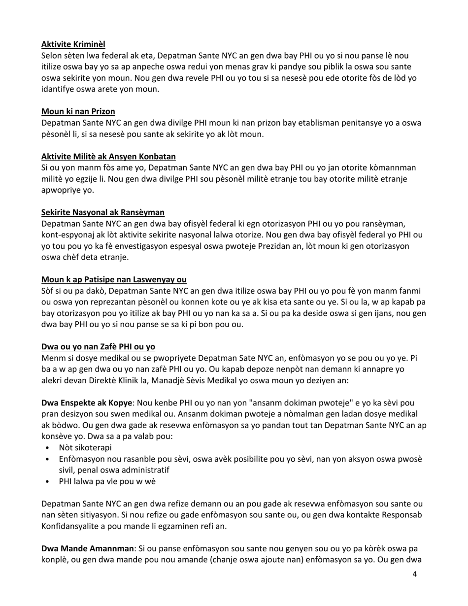 Notice of Privacy Practices - New York City (Haitian Creole), Page 4