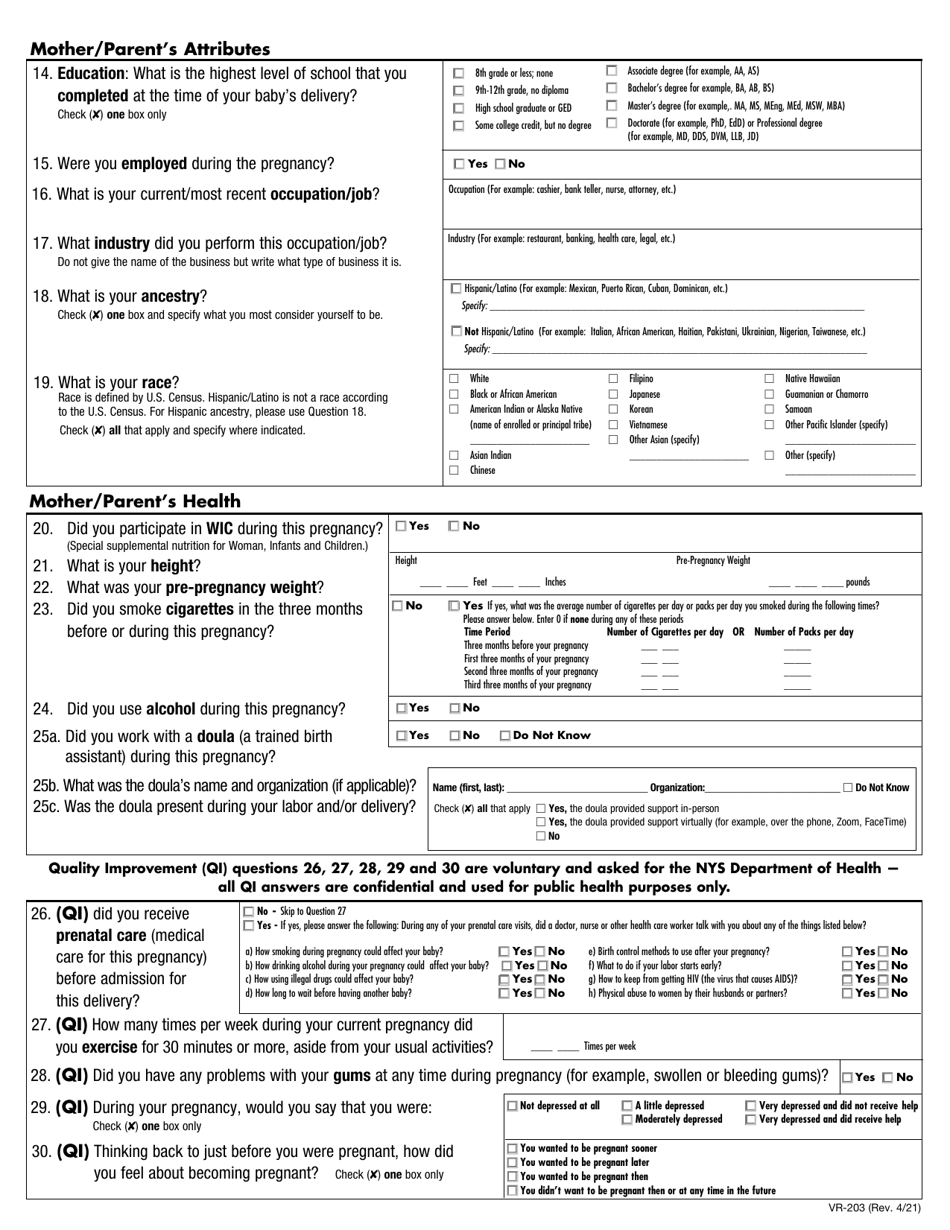 Form VR-203 Mother / Parent Worksheet - New York City, Page 3