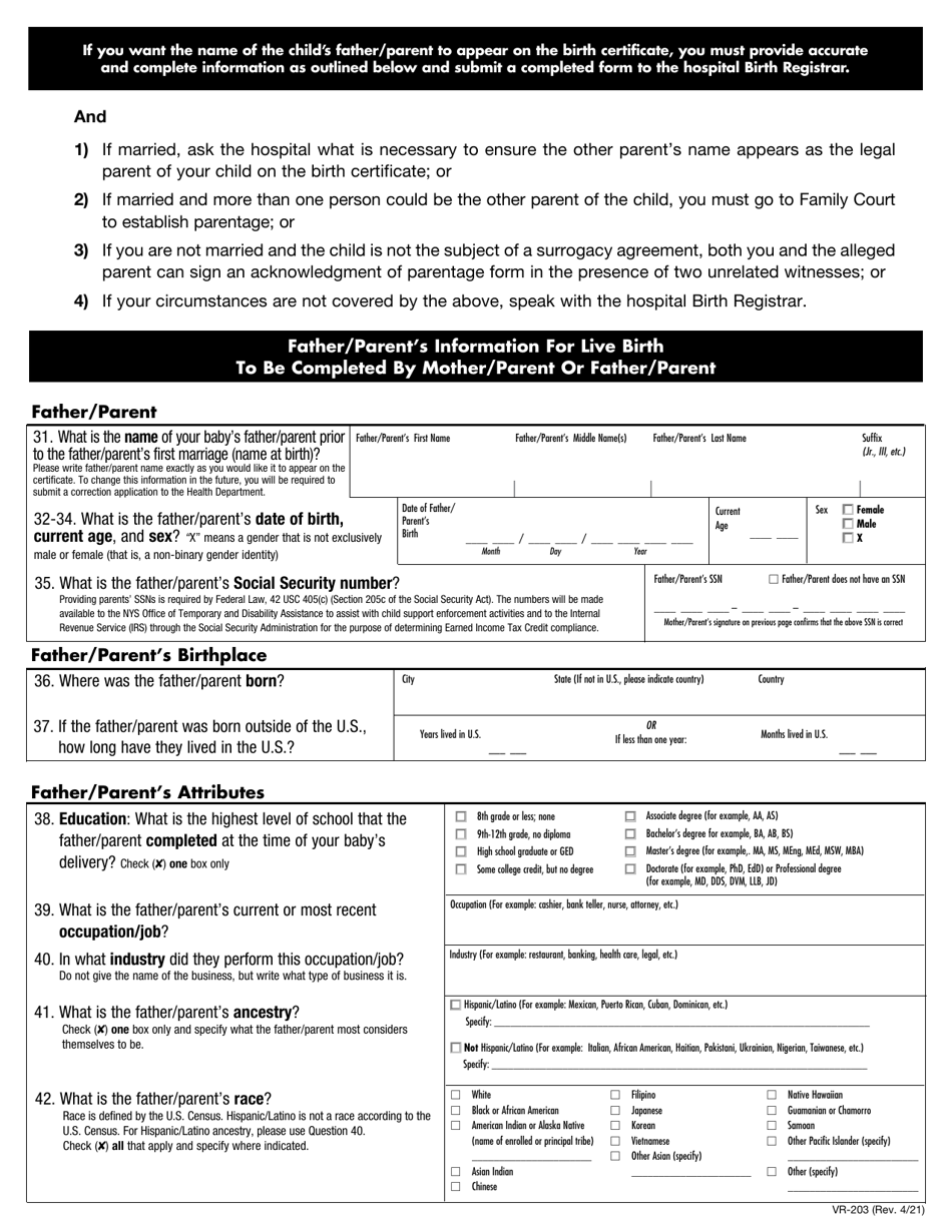 Form VR-203 Mother / Parent Worksheet - New York City, Page 4