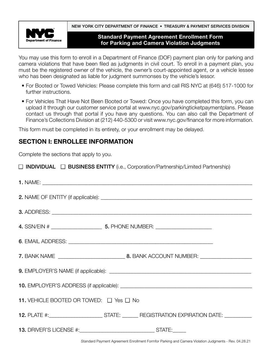 Standard Payment Agreement Enrollment Form for Parking and Camera Violation Judgments - New York City, Page 1