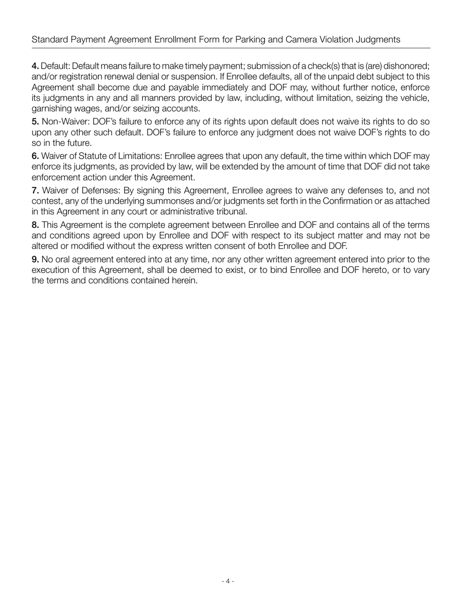 Standard Payment Agreement Enrollment Form for Parking and Camera Violation Judgments - New York City, Page 4