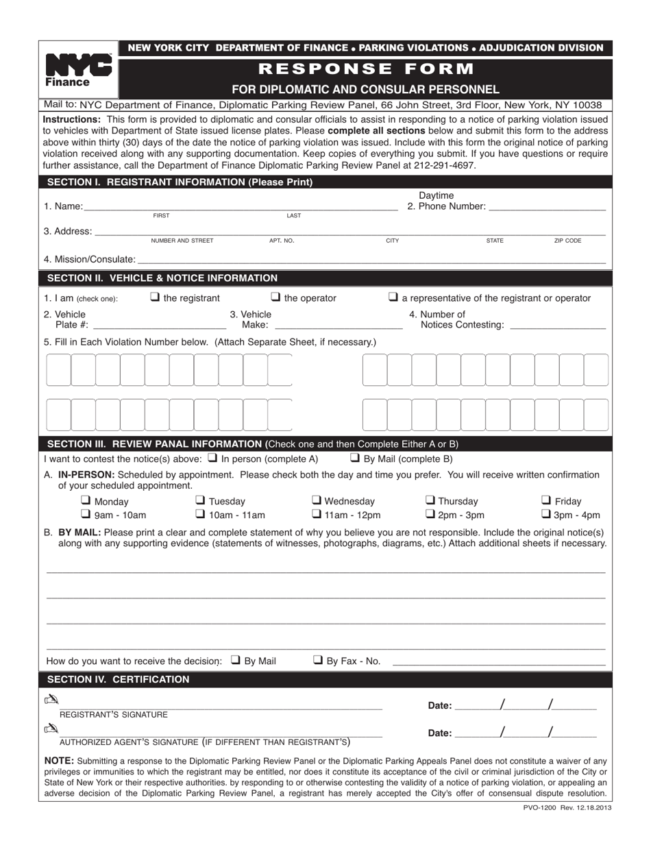 Form PVO-1200 Response Form for Diplomatic and Consular Personnel - New York City, Page 1