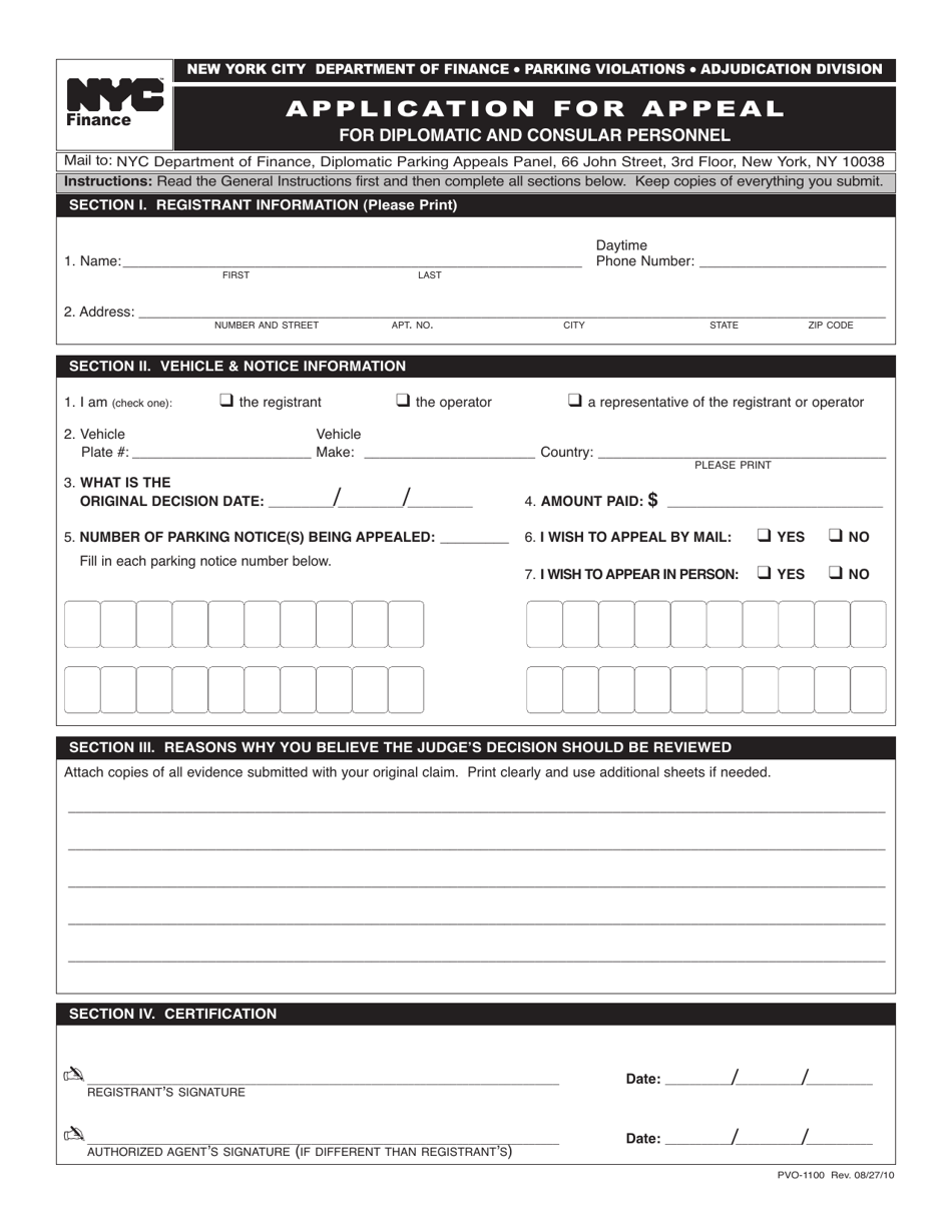 Form PVO-1100 Application for Appeal for Diplomatic and Consular Personnel - New York City, Page 1