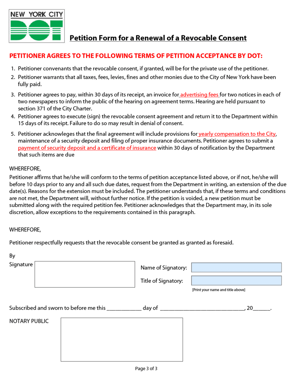 Petition Form for a Renewal of a Revocable Consent - New York City, Page 3