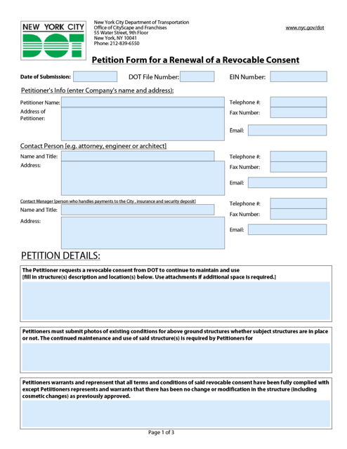 Petition Form for a Renewal of a Revocable Consent - New York City Download Pdf