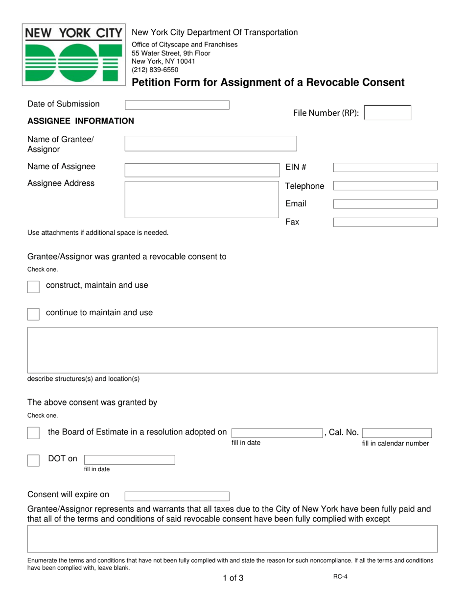 Form RC-4 Petition Form for Assignment of a Revocable Consent - New York City, Page 1