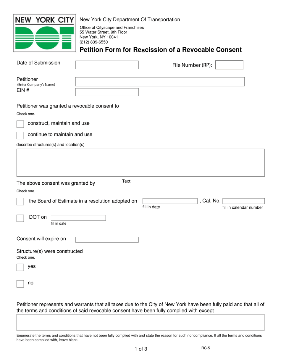 Form RC-5 Petition Form for Rescission of a Revocable Consent - New York City, Page 1