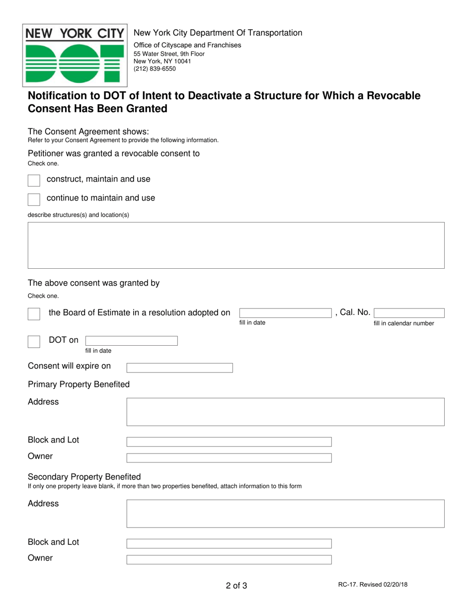 Form RC-17 Notification of Intent to Deactivate a Structure for Which a Revocable Consent Has Been Granted - New York City, Page 2
