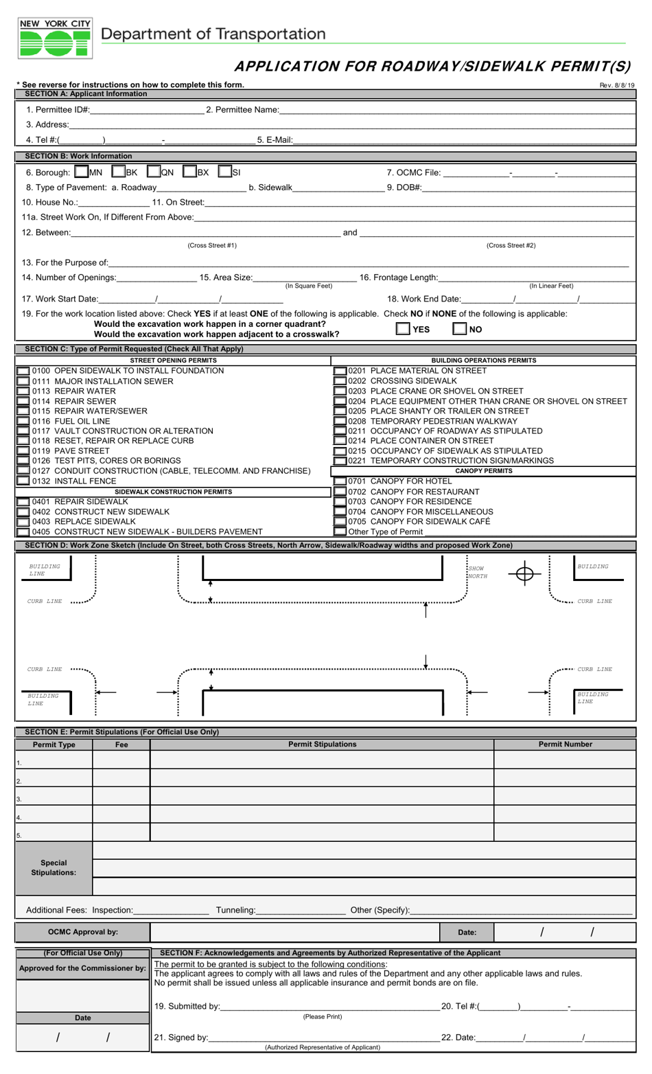 Application for Roadway / Sidewalk Permit(S) - New York City, Page 1