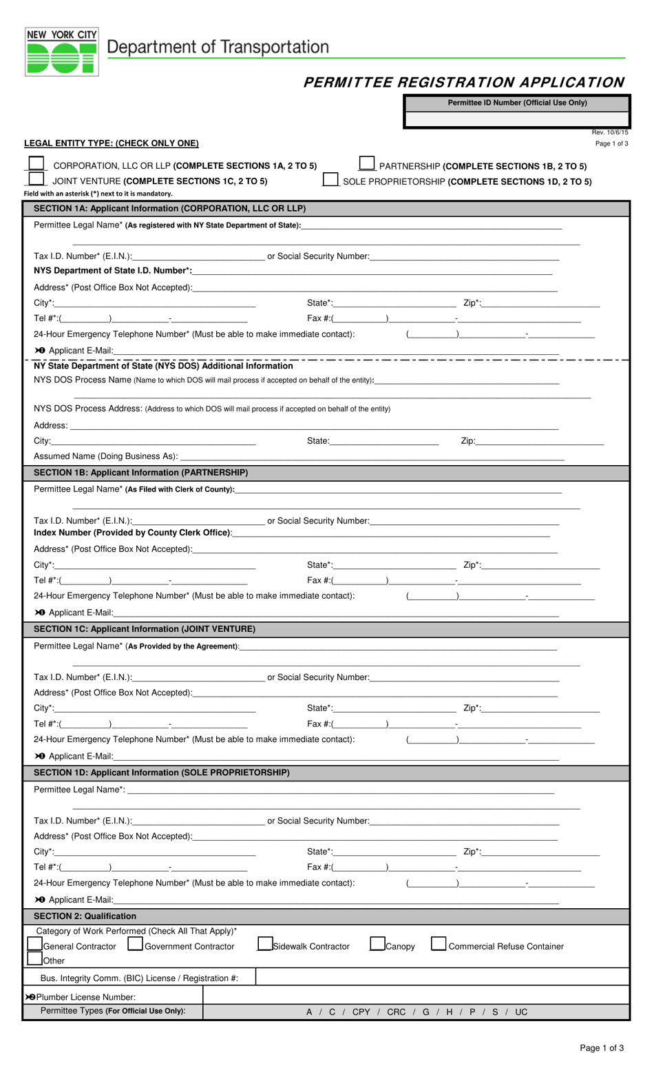Permittee Registration Application - New York City, Page 1