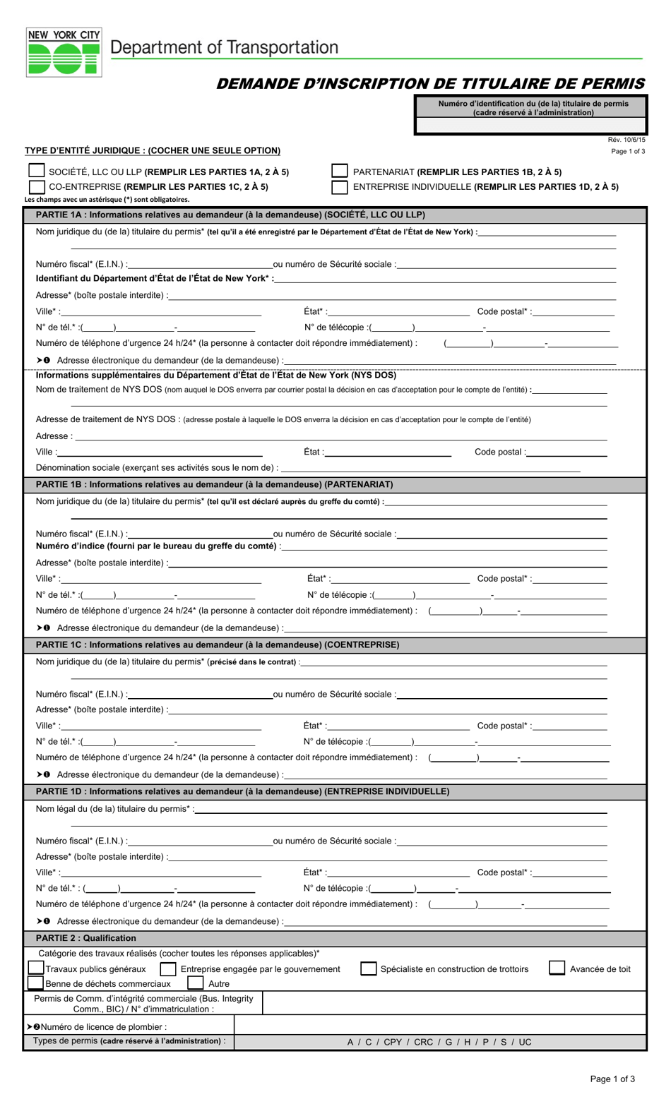 Permittee Registration Application - New York City (French), Page 1