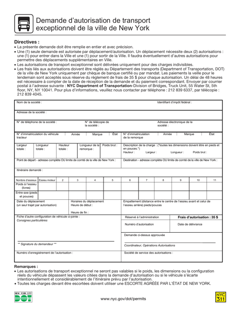 Nyc Over Dimensional Vehicle Permit Application - New York City (French) Download Pdf