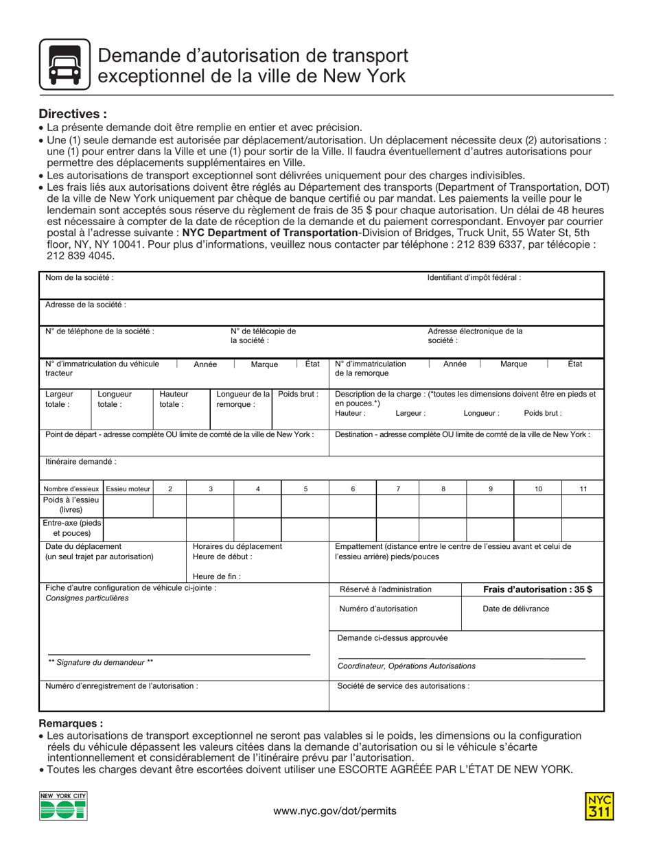 Nyc Over Dimensional Vehicle Permit Application - New York City (French), Page 1