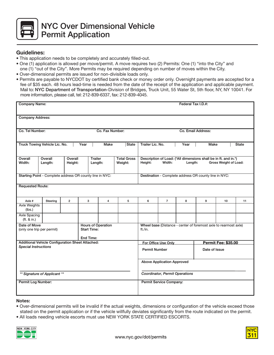 Nyc Over Dimensional Vehicle Permit Application - New York City, Page 1