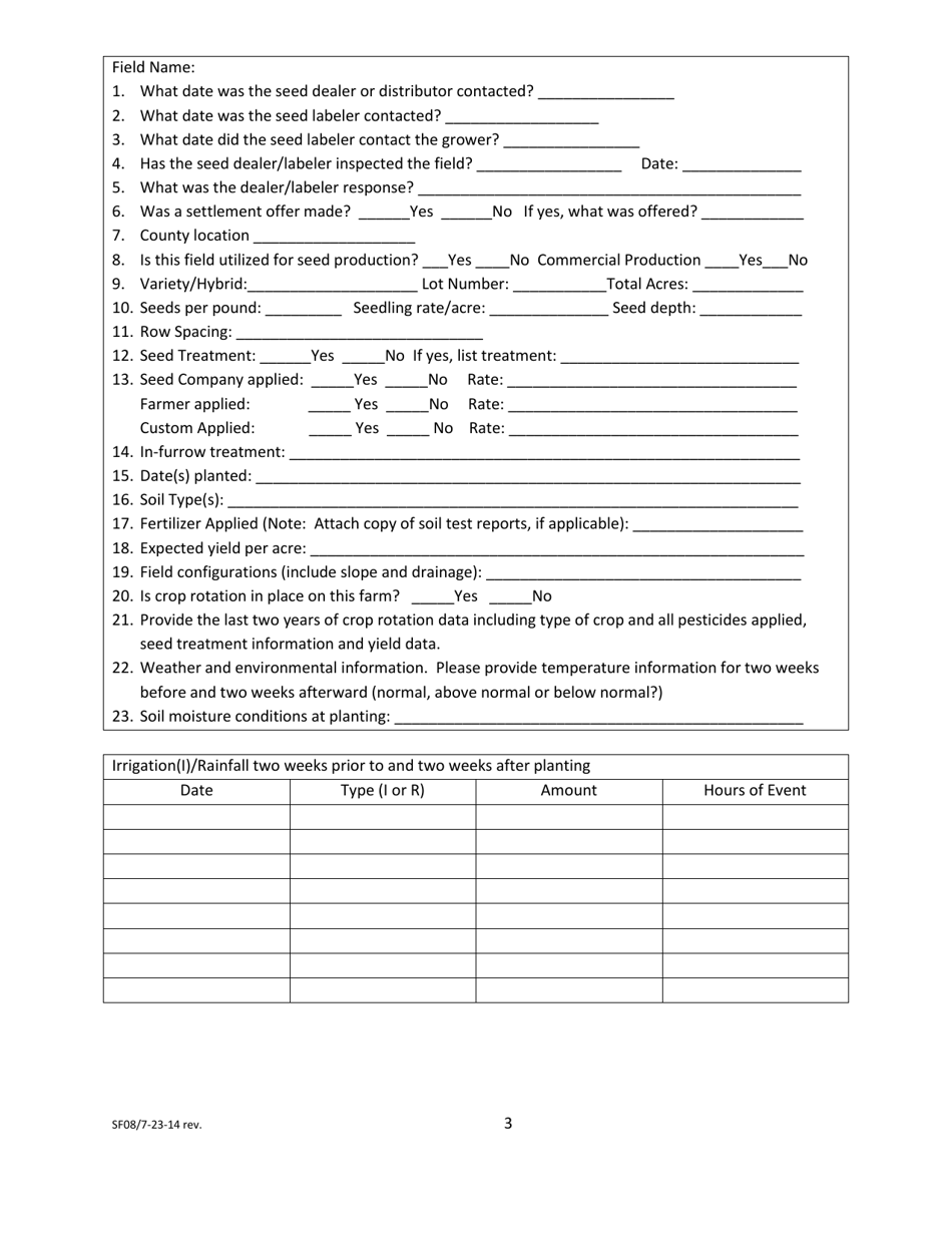 Form SF08 Seed Arbitration Grower Data Form - North Carolina, Page 3