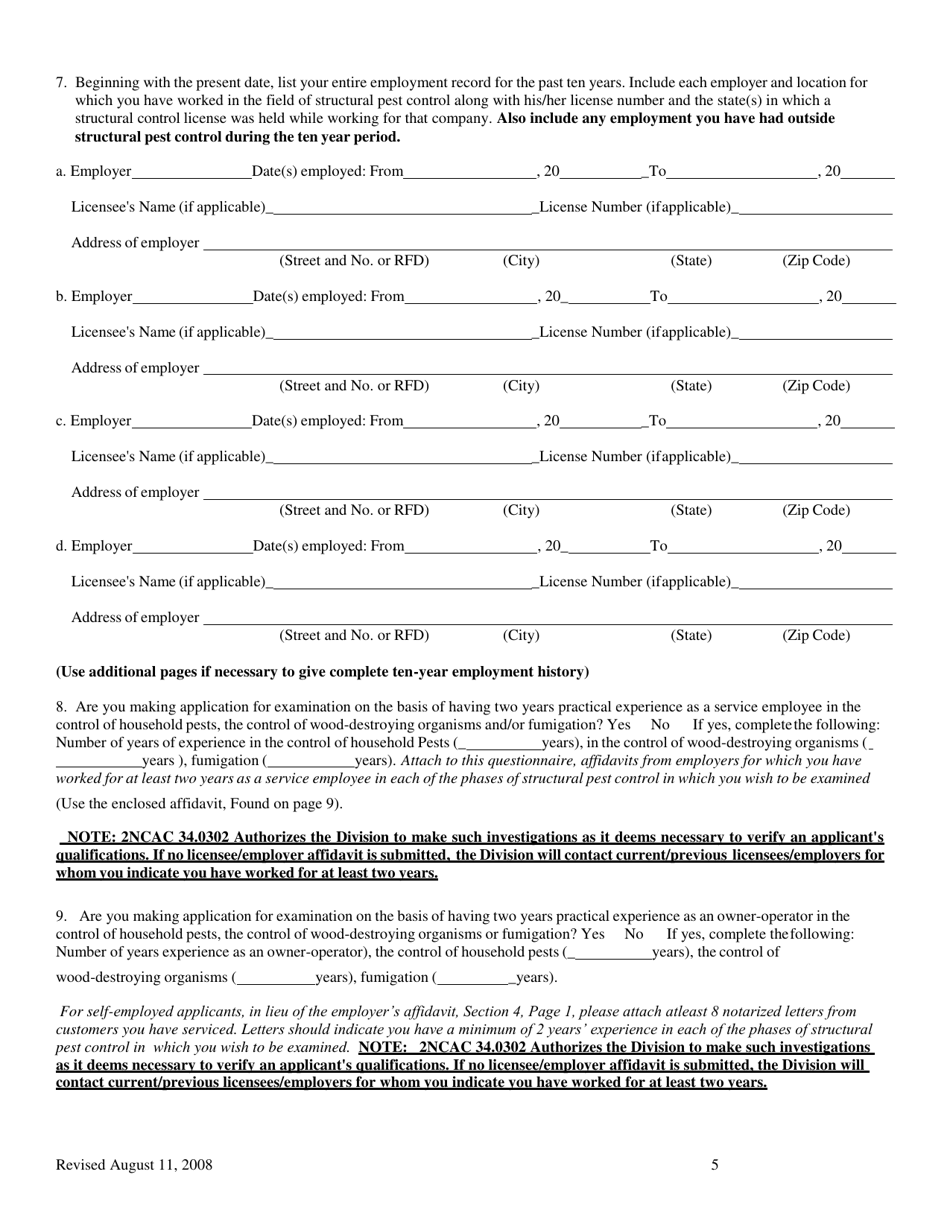 Application for License Examination - North Carolina, Page 5