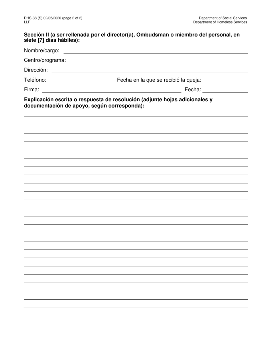 Formulario DHS-38 Formulario Para Quejas Del Pueblo - New York City (Spanish), Page 2