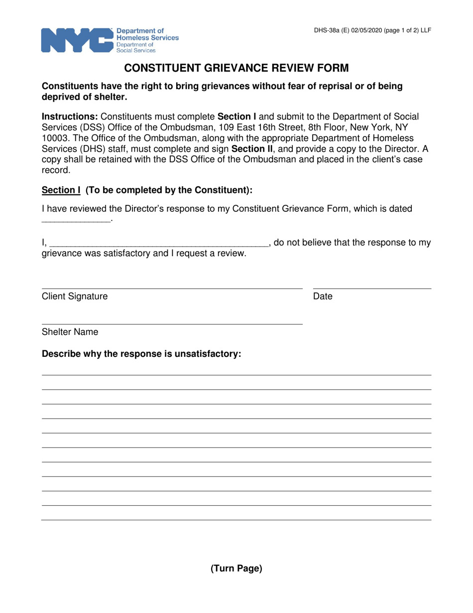 Form DHS-38A Constituent Grievance Review Form - New York City, Page 1