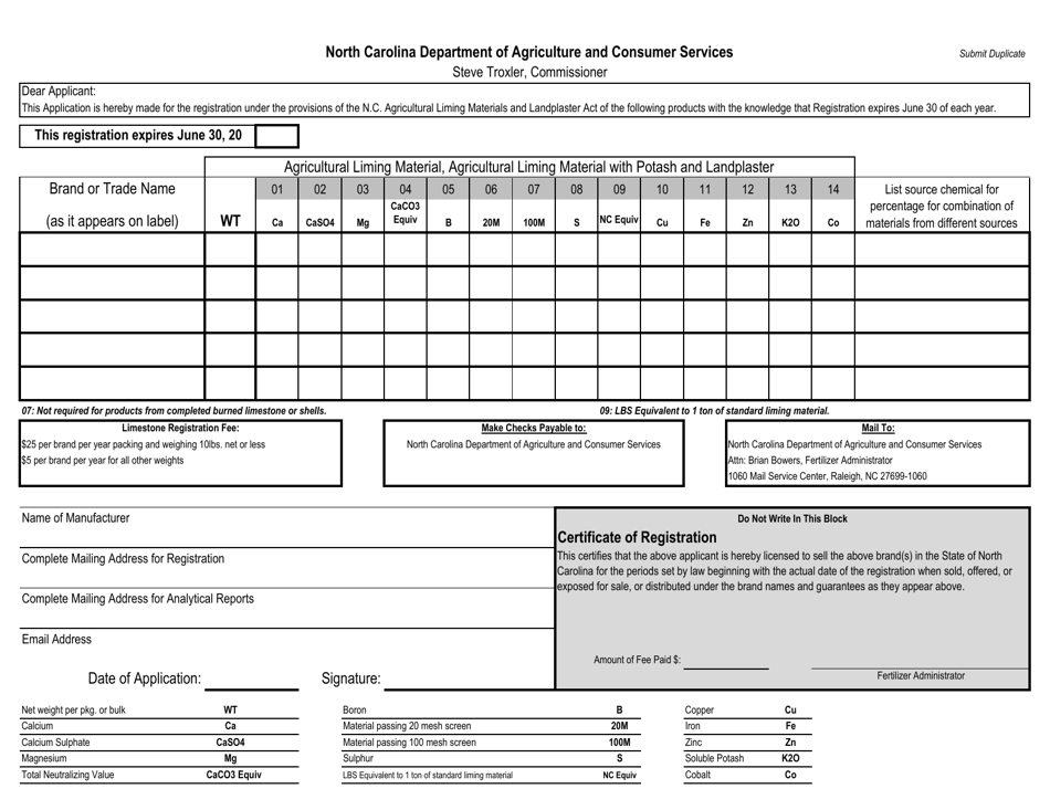 Form SF03 Application for Lime / Landplaster Product Registration - North Carolina, Page 1