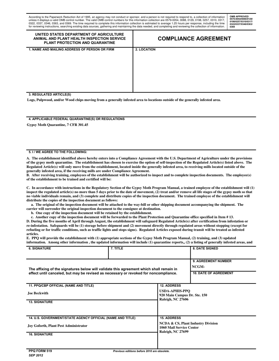 APHIS PPQ Form 519 Compliance Agreement, Page 1