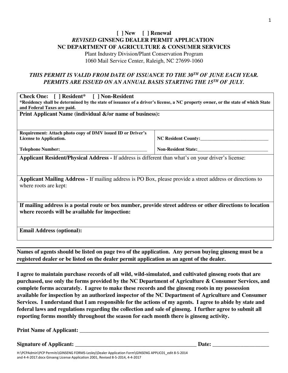 Revised Ginseng Dealer Permit Application - North Carolina, Page 1