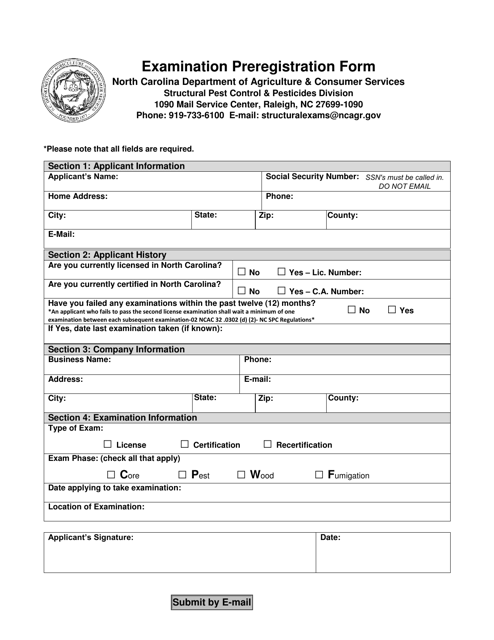 Examination Preregistration Form - North Carolina