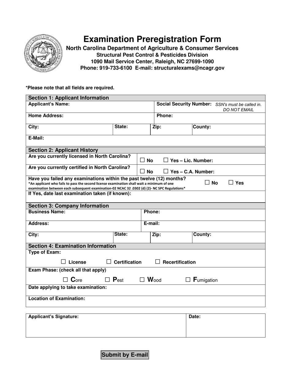 Examination Preregistration Form - North Carolina, Page 1