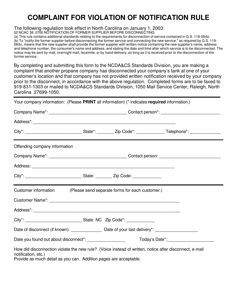 North Carolina Complaint for Violation of Notification Rule Fill Out