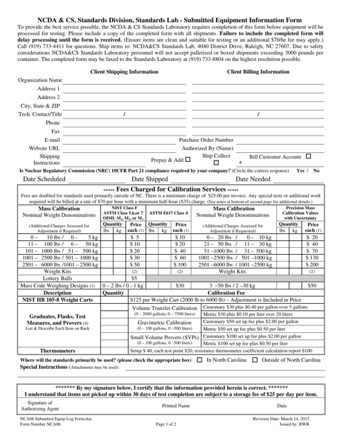 Form NCA06 Submitted Equipment Information Form - North Carolina