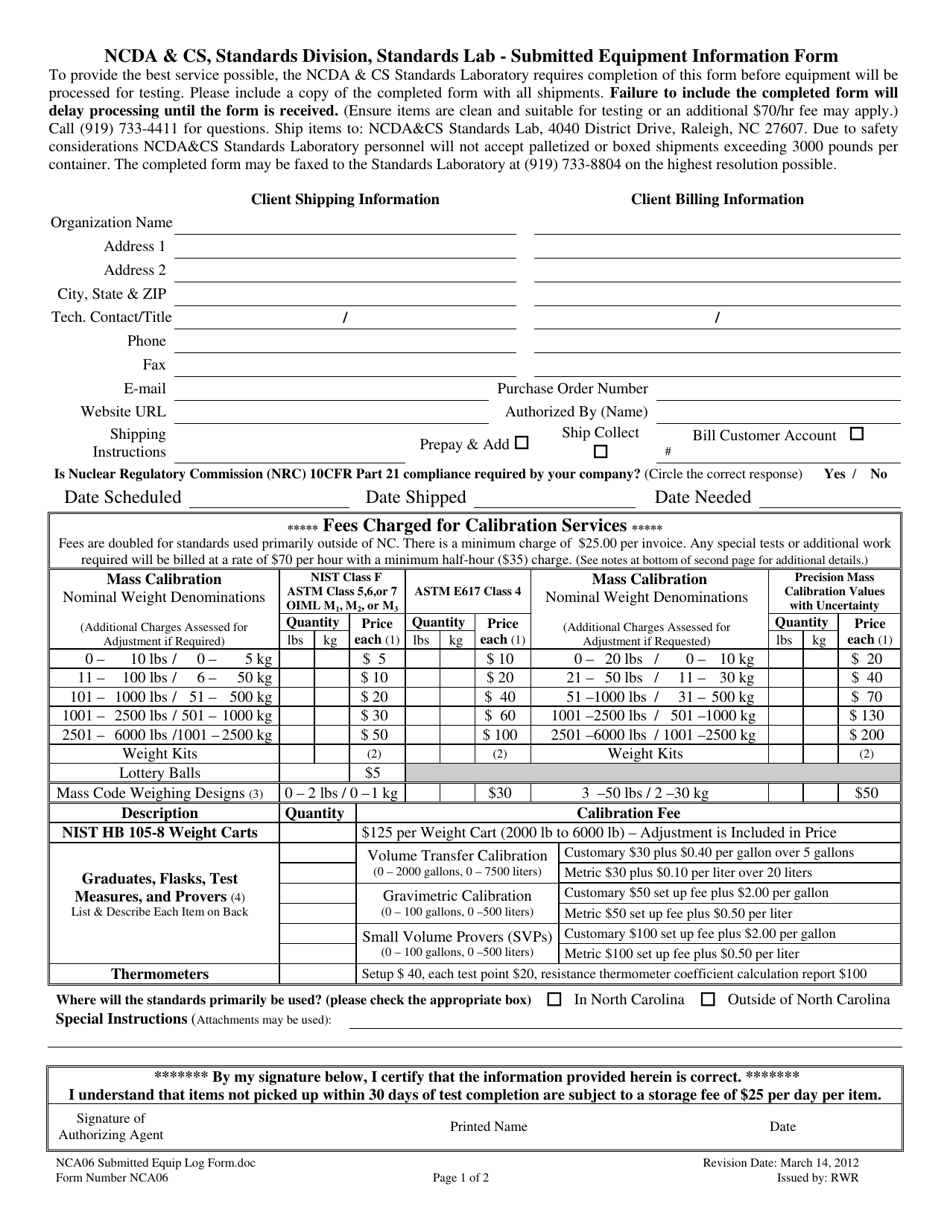 Form NCA06 Download Printable PDF or Fill Online Submitted Equipment ...