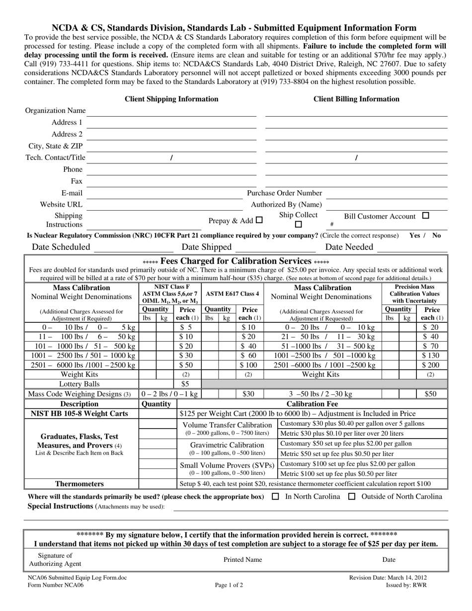 Form NCA06 Submitted Equipment Information Form - North Carolina, Page 1