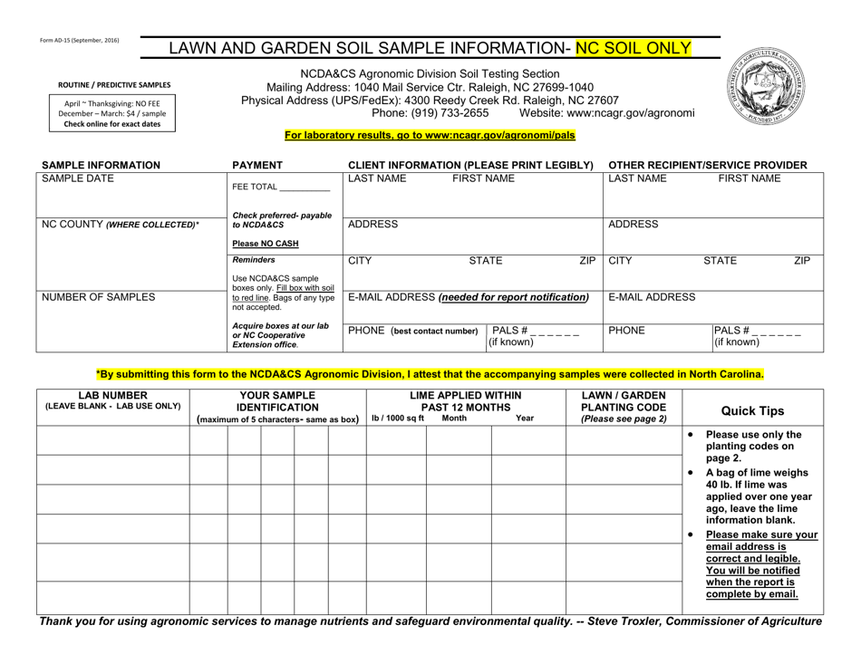 Form AD-15 Lawn and Garden Sample - North Carolina, Page 1