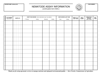 Document preview: Form AD-3+ Continuation Page for Routine Sample - Nematode Assay Information - North Carolina