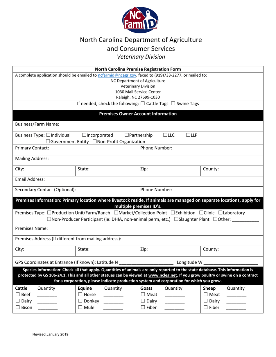 North Carolina Premise Registration Form (Farm Id) - North Carolina, Page 1