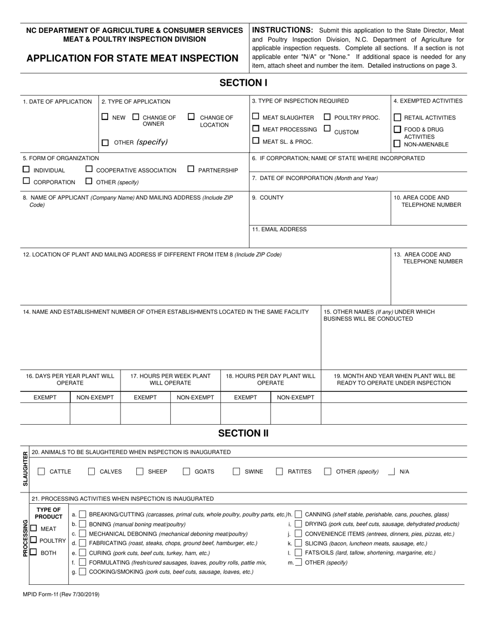 MPID Form 1F Application for State Meat Inspection - North Carolina, Page 1