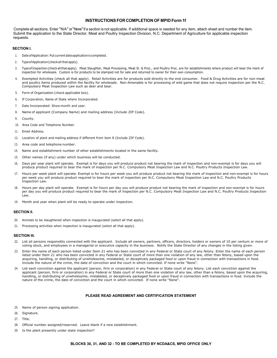 MPID Form 1F Application for State Meat Inspection - North Carolina, Page 3