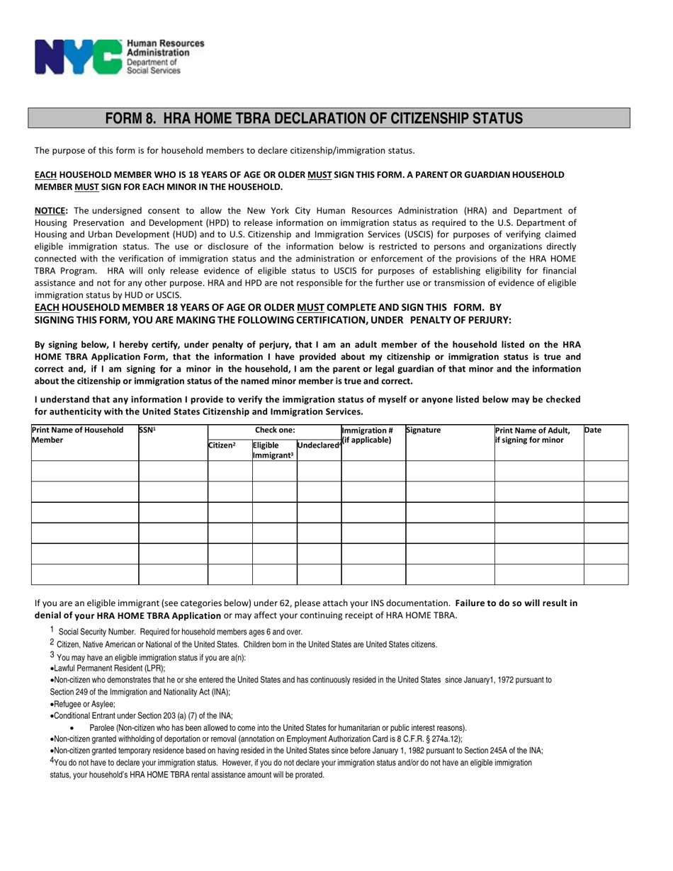 Form 8 Declaration of Citizenship Status - New York City, Page 1