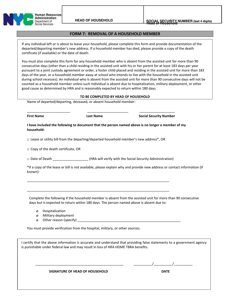 Form 7 Removal of Household Member - New York City, Page 1