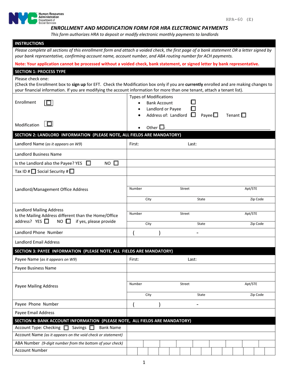 Form HPA-60 Enrollment and Modification Form for HRA Electronic Payments - New York City, Page 1