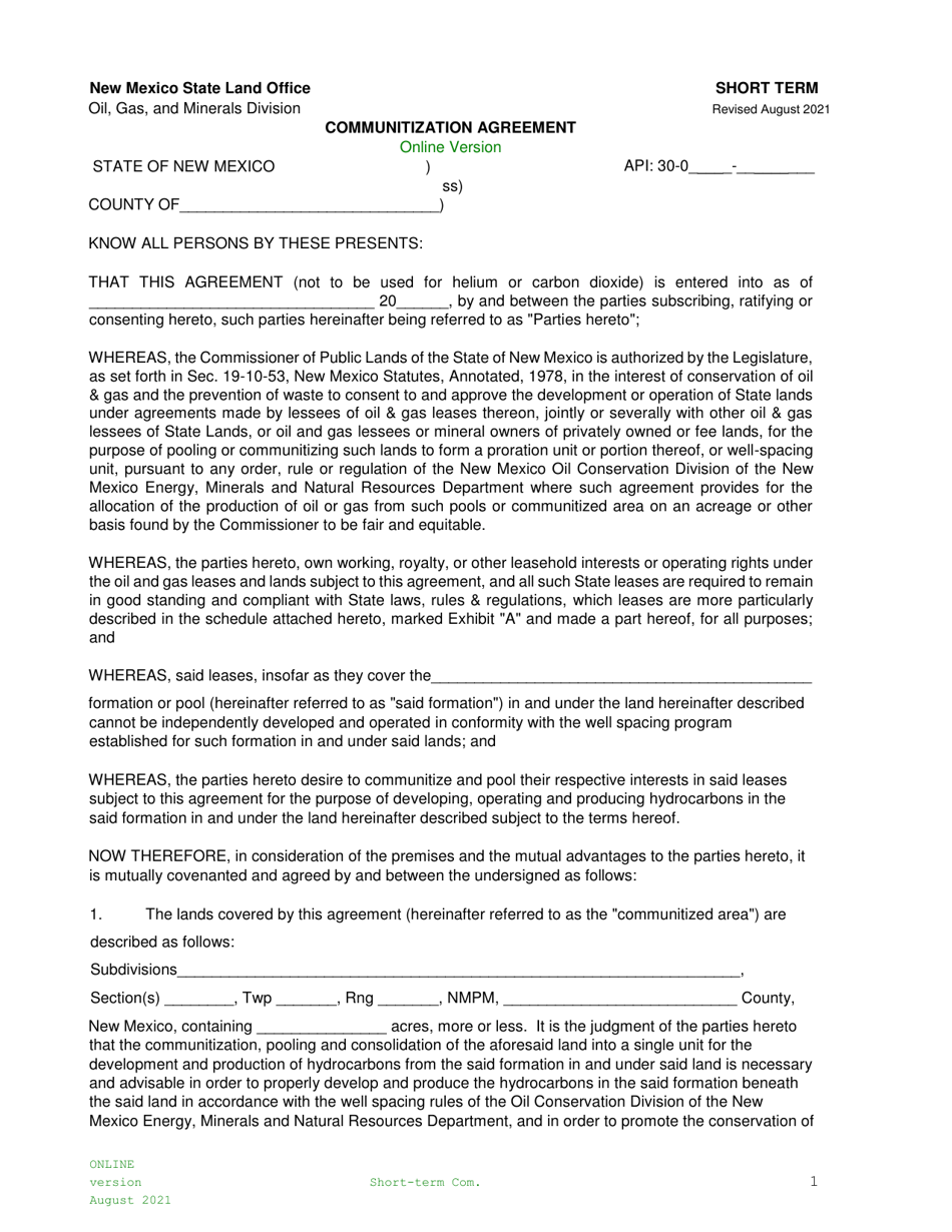 Communitization Agreement - Short Term - New Mexico, Page 1