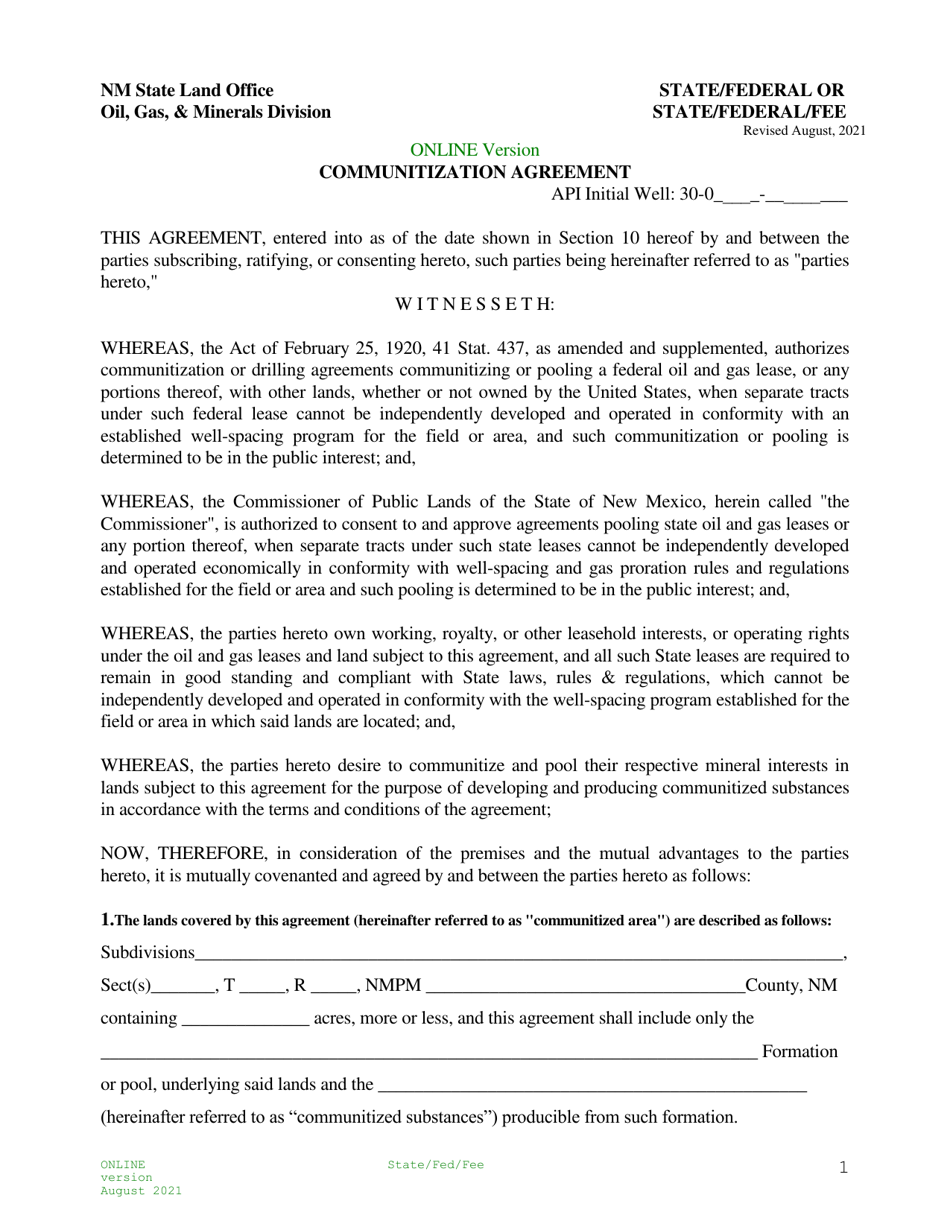 Communitization Agreement - State / Federal or State / Federal / Fee - New Mexico, Page 1