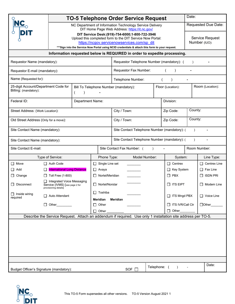 Form TO-5 Telephone Order Service Request - North Carolina, Page 1