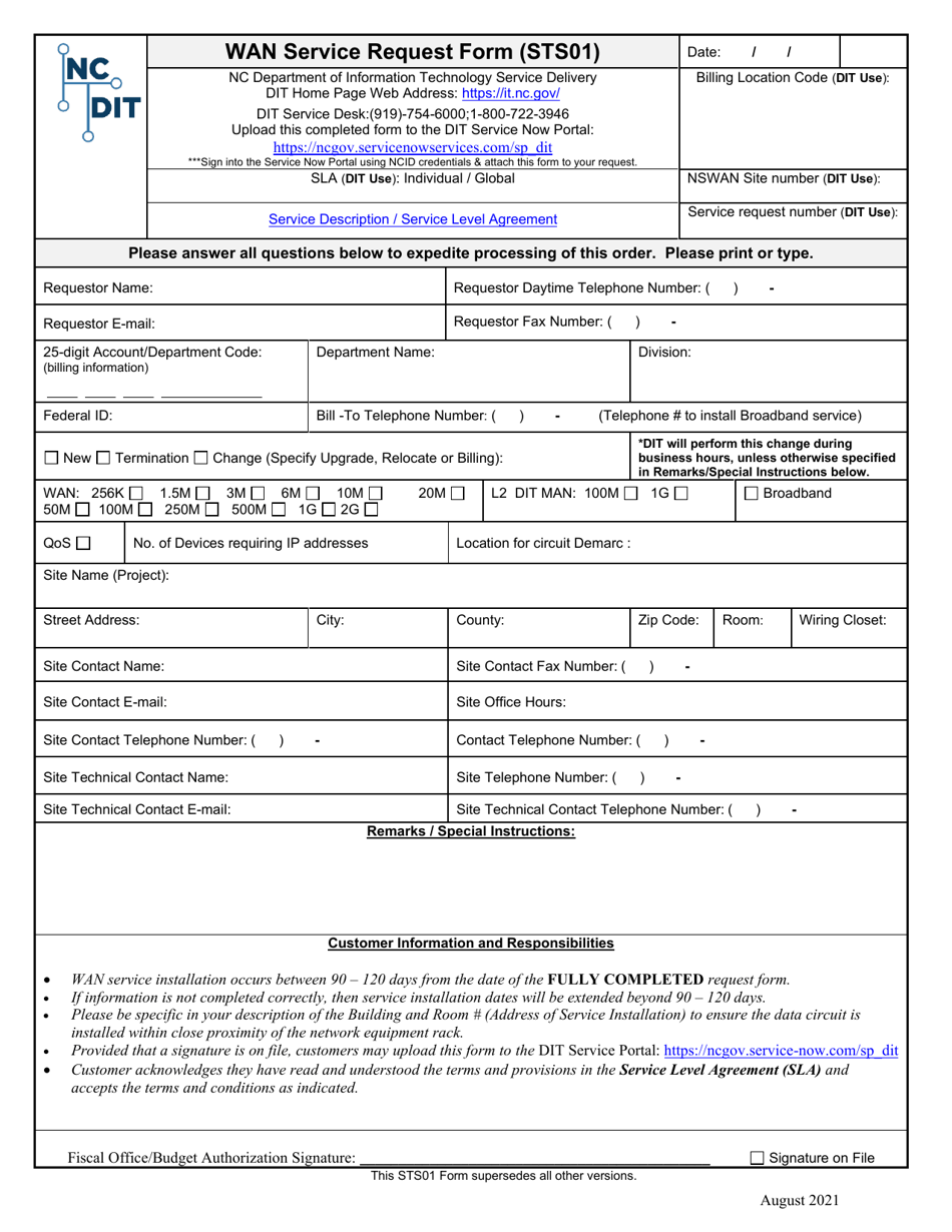 Form STS01 Wan Service Request Form - North Carolina, Page 1