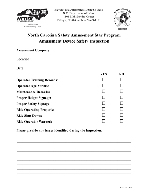 Amusement Device Safety Inspection - North Carolina Safety Amusement Star Program - North Carolina Download Pdf