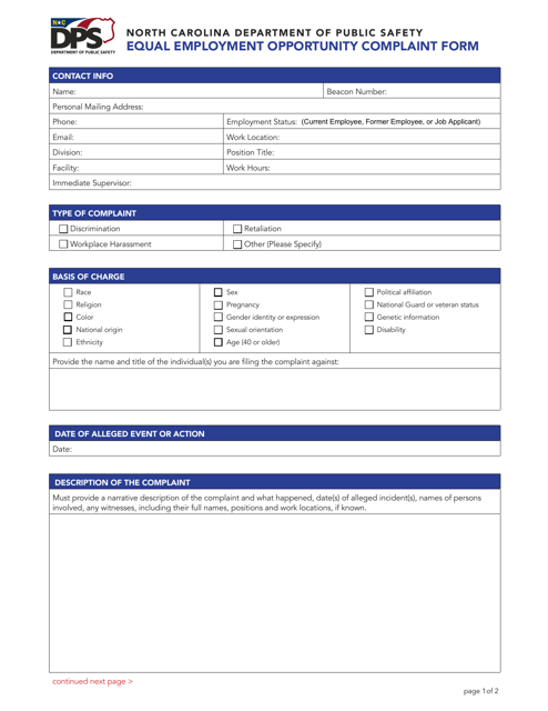 Equal Employment Opportunity Complaint Form - North Carolina Download Pdf