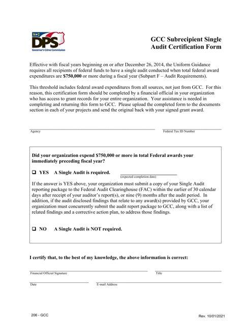 Form GCC-206 Gcc Subrecipient Single Audit Certification Form - North Carolina