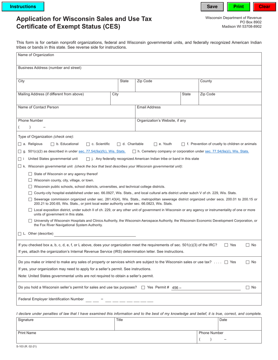 Form S-103 Application for Wisconsin Sales and Use Tax Certificate of Exempt Status (Ces) - Wisconsin, Page 1