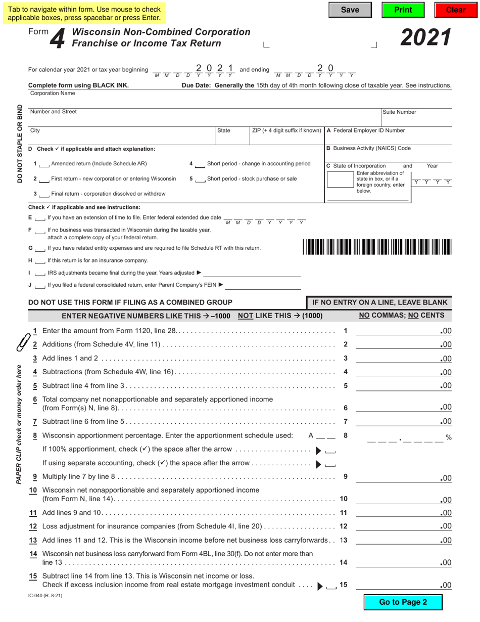 Form 4 (IC-040) Wisconsin Non-combined Corporation Franchise or Income Tax Return - Wisconsin, Page 1